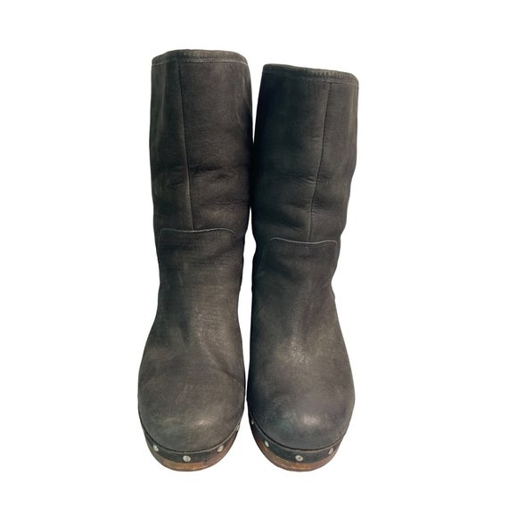 UGG Womens MOUTON Boot Roll Top BLACK Leather Heels Boots 3207 Size 6 - Picture 2 of 12